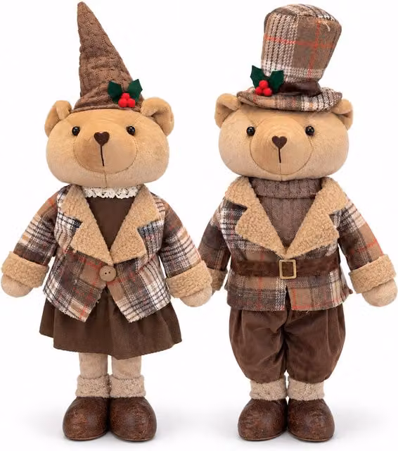 Orso Natalizio Decorativo 85 cm, Peluche da Arredo con Cappello e Abito Scozzese, Base Stabile, Rosso o Marrone Tartan