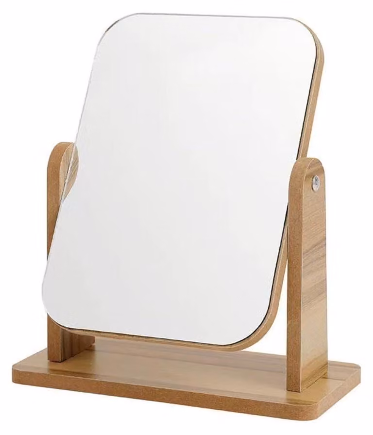 Specchio da trucco in legno, girevole a 360°, dimensioni 20x18 cm