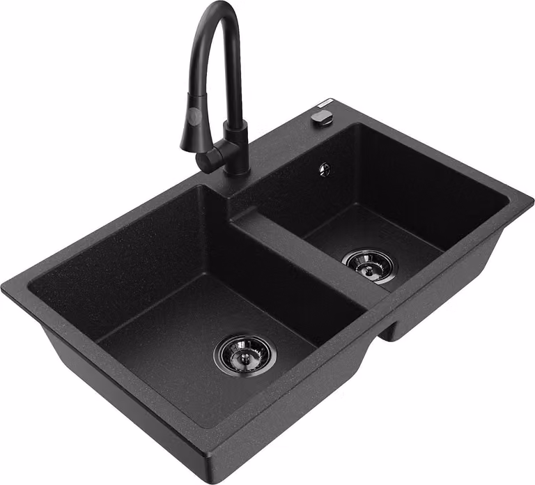 Mexen Tomas lavello da cucina in granito a 2 vasche con rubinetto Elia, nero/argento metallizzato - 6516-73-670101-70-B