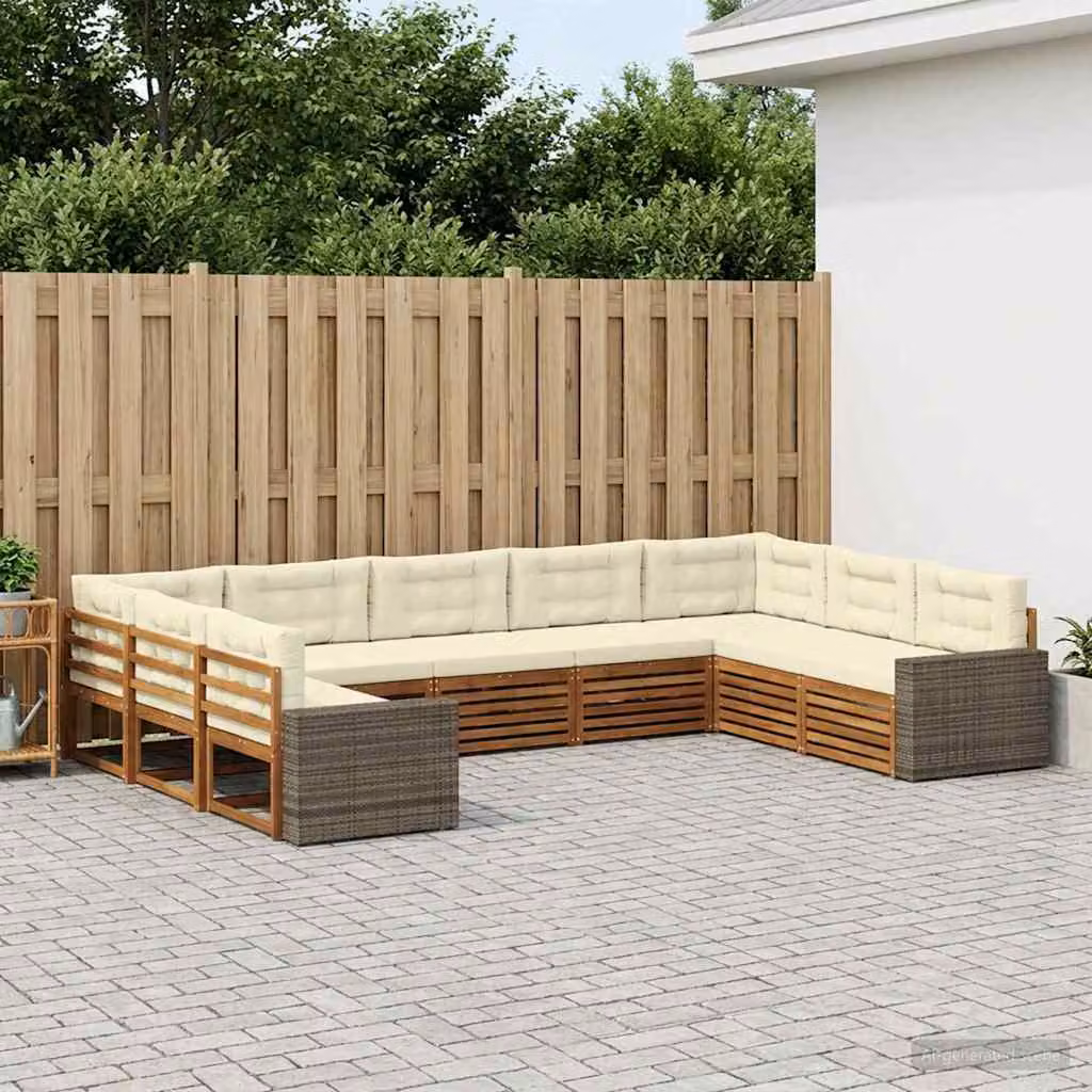 Set di divani da esterno vidaXL 9 pz in legno di acacia con cuscini, design moderno a L, colori beige, bianco e marrone