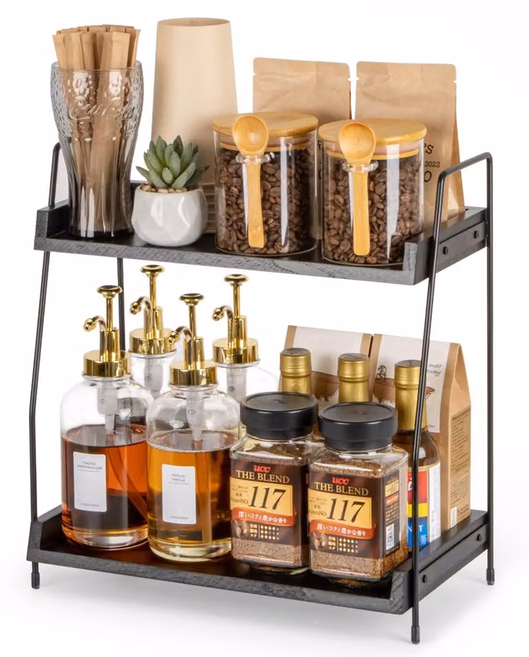Organizzatore da cucina - Scaffale in legno a 2 livelli per accessori da caffè - Nero