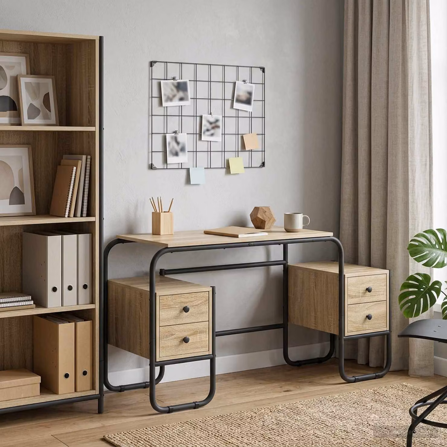 Scrivania moderna vidaXL con spazio di archiviazione e doppio piedistallo, colore marrone, L: 145 cm, P: 60 cm, H: 75 cm