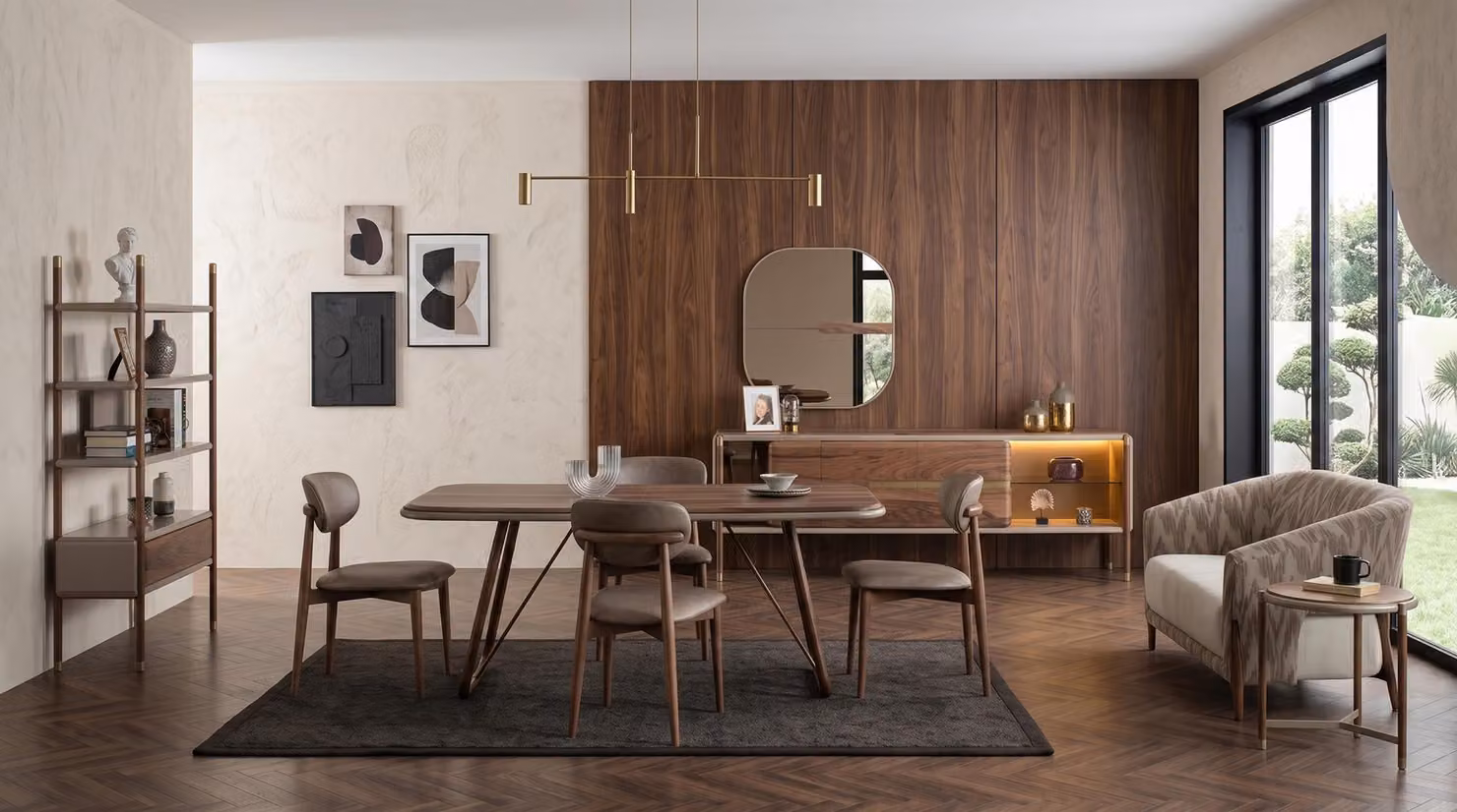 Set per sala da pranzo: tavolo da pranzo con 4 sedie, completo di credenza con specchio
