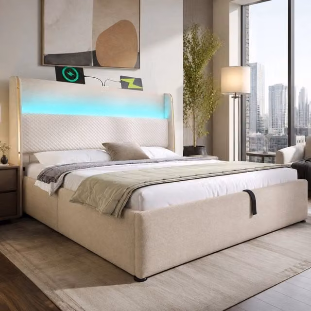 Letto contenitore 160 × 200 cm con testiera alta, LED, USB e Type-C, senza materasso, beige