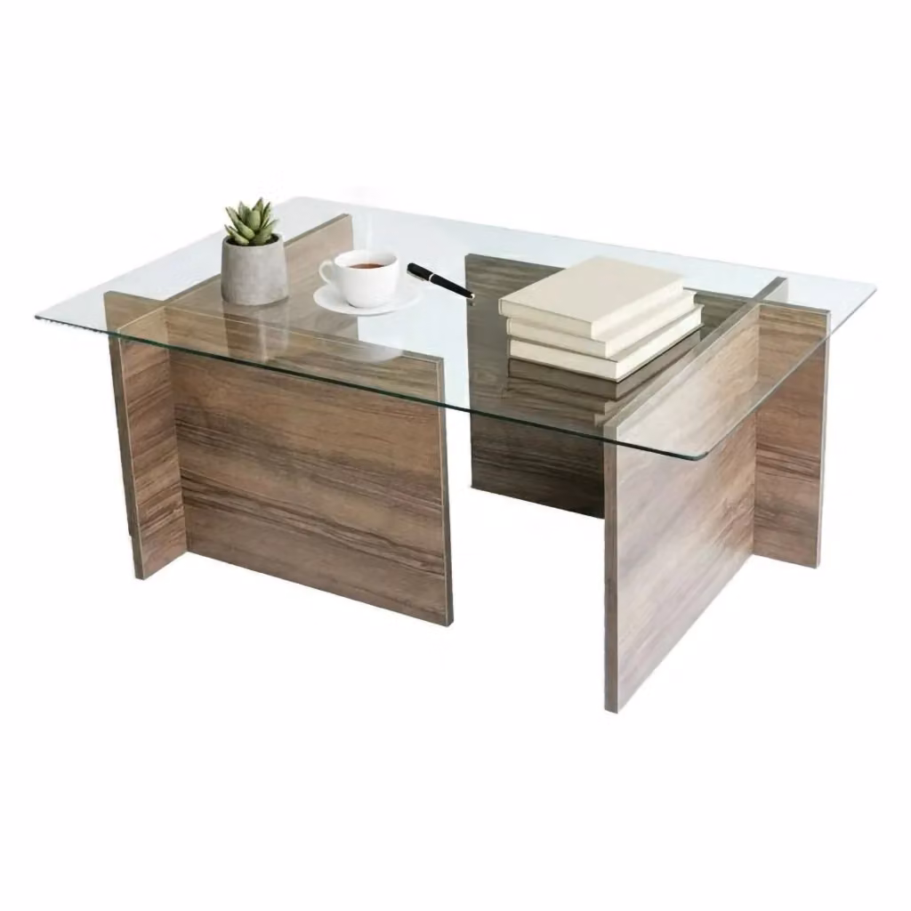 Tavolino da salotto moderno DMORA con piano in vetro trasparente e struttura in legno marrone, L: 65 cm, P: 65 cm, H: 40 cm – 2