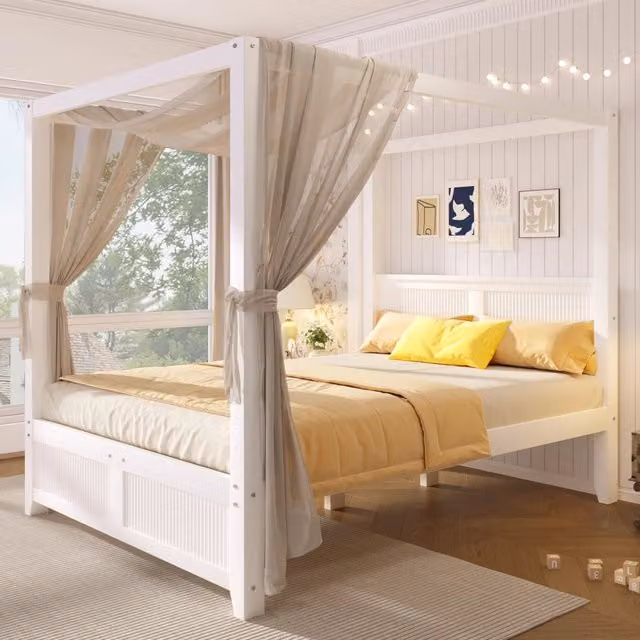 Letto a baldacchino bianco 140x200 cm in legno e MDF; telaio aperto e dettagli a doghe verticali