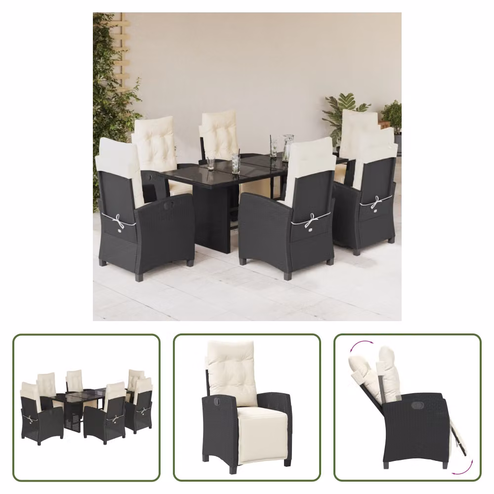 The Living Store Set da pranzo da giardino 7 pezzi con cuscini in polirattan nero