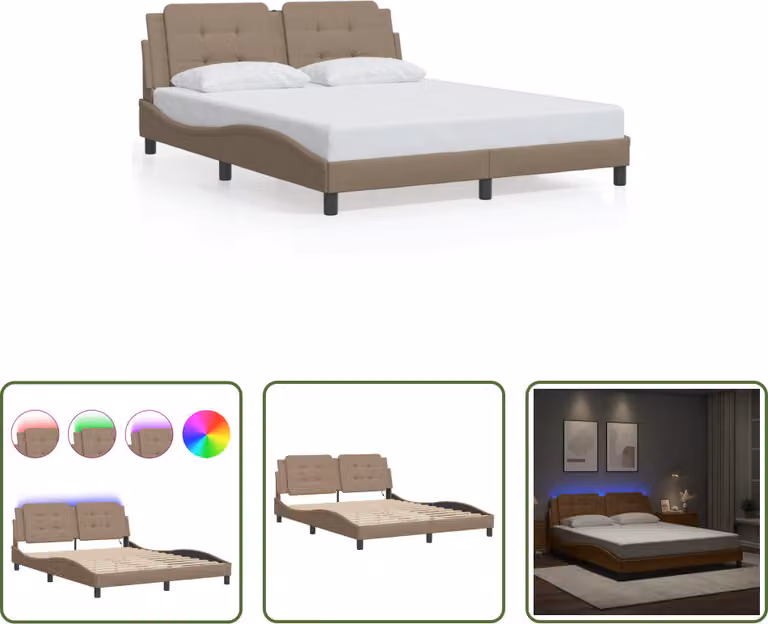 The Living Store Struttura letto con LED cappuccino-marrone 160x200 cm in ecopelle