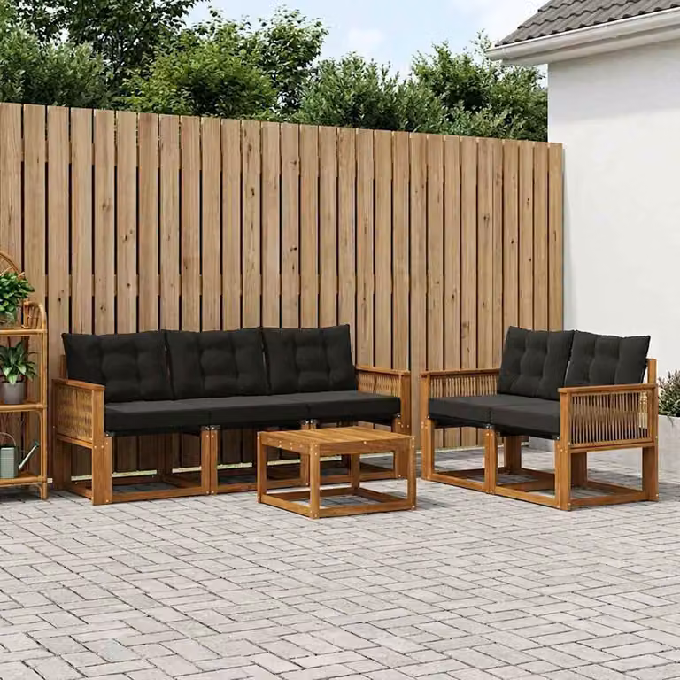 Set di divani da esterno vidaXL 6 pezzi in legno di acacia con tavolino e cuscini, colori beige, nero e marrone