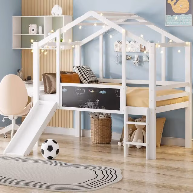 Letto a Castello per Bambini 90x200 cm in Legno Massiccio con Scivolo, Lavagna e Scala di Sicurezza, Design a Casetta, Bianco