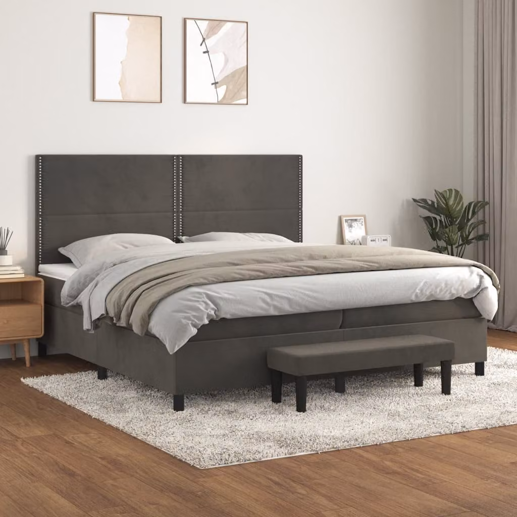 vidaXL Giroletto a Molle con Materasso Ibrido in Velluto Grigio L/P/H: 200 x 200 x 128 cm – 1
