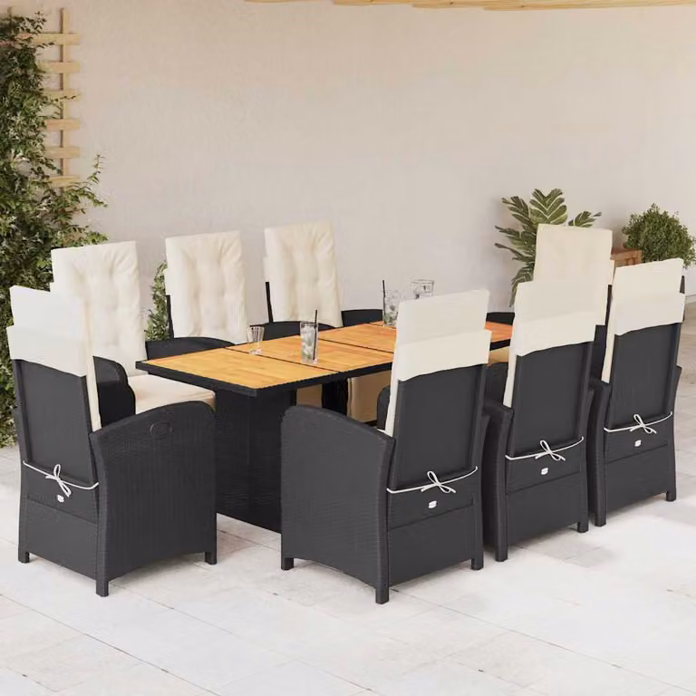Set da pranzo da giardino vidaXL in polyrattan nero con cuscini e tavolo in legno di acacia per 9 persone