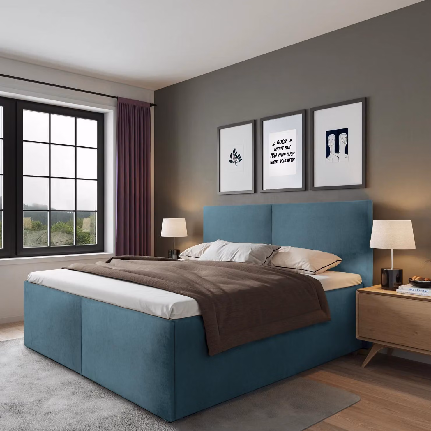 Letto imbottito Milano Blu 180 x 200 x 40 cm con contenitore, dotato di materasso di alta qualità H2 (fino a 100 kg) e rete a doghe