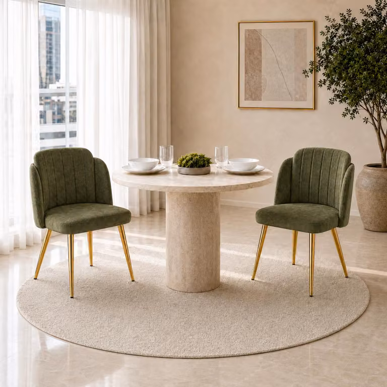 Set di 2 sedie da pranzo Flieks, con schienale curvo, piedini regolabili in altezza e struttura dorata. Sedie imbottite, ideali per la cucina, colore verde