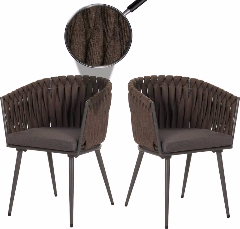 set di 2 sedie da pranzo in alluminio HWC-N38, braccioli per sedie da interno, intreccio in corda di olefina Corda ~ marrone Cuscino grigio scuro