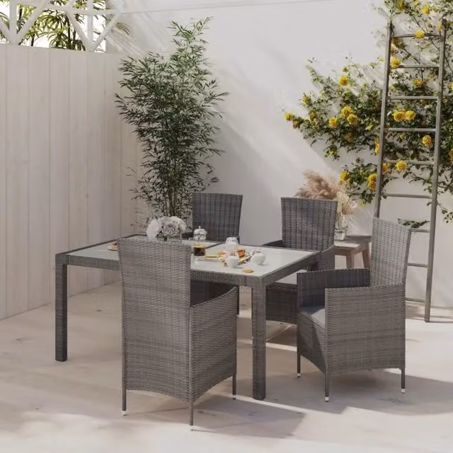 Set da pranzo da esterno vidaXL in polyrattan grigio con tavolo in vetro e 5 pezzi