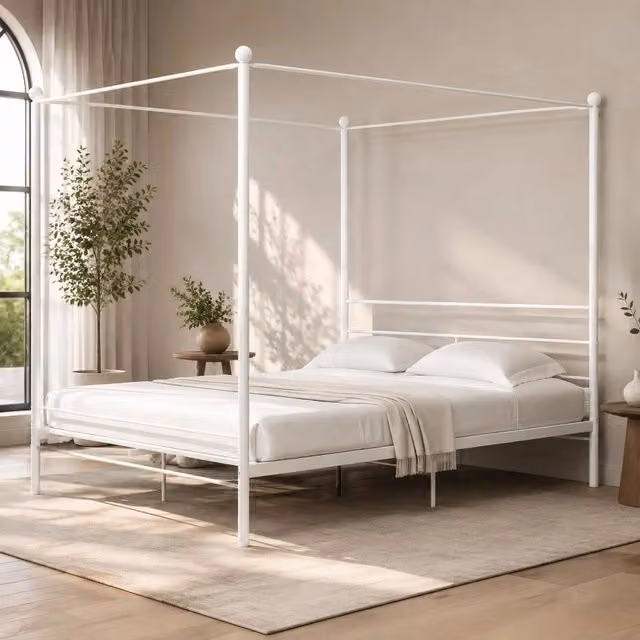 Canopy Bed White Metal 180x200 Cm
