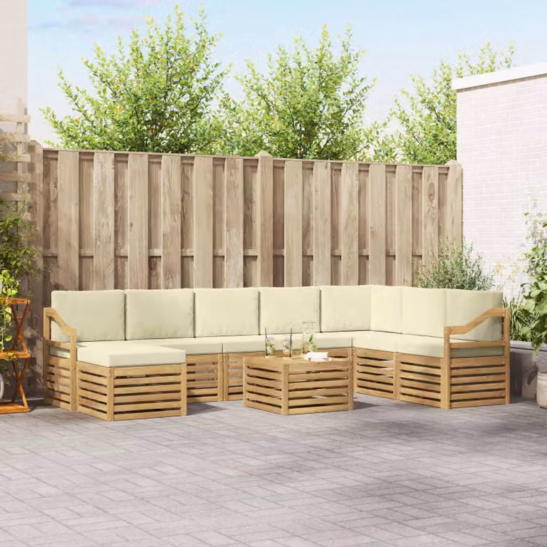 Set di divani da esterno vidaXL 9 pz a forma di L con tavolo e pouf, in legno di acacia e tessuto resistente ai raggi UV, Bianco e Beige