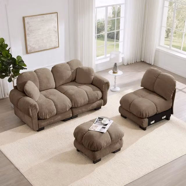 Divano angolare a 3 posti OKWISH in ciniglia marrone con cuscini e pouf, L/P/H: 260 x 149 x 90 cm