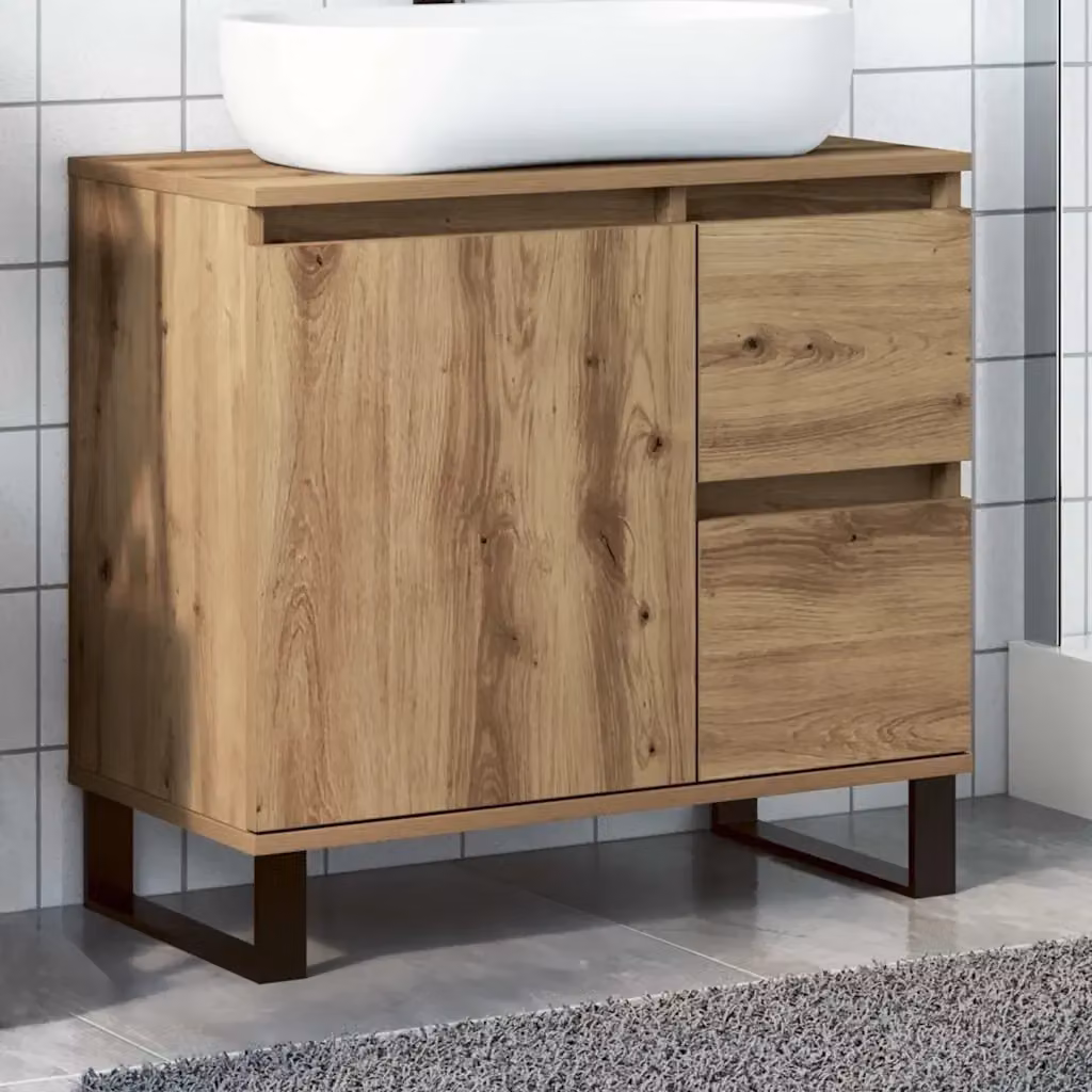 Armadietto da bagno sospeso in stile industrial color rovere con ante a battente e cassetti L/P/H: 65 x 33 x 60 cm – 2