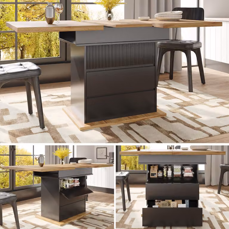 Tavolo da cucina pieghevole MODFU con portabottiglie e cassetti, mobile da cucina con tre livelli di stoccaggio, tavolo da pranzo allungabile per cucina e soggiorno, tavolo da soggiorno per 4-6 persone, nero