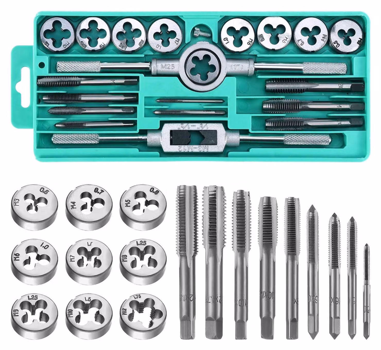 Omgoods - Set di maschi e filiere da 20 pezzi - Misura metrica M3-M12 - Acciaio per cuscinetti di alta qualità - Include chiave per maschi - Pratica custodia - Set di filettature