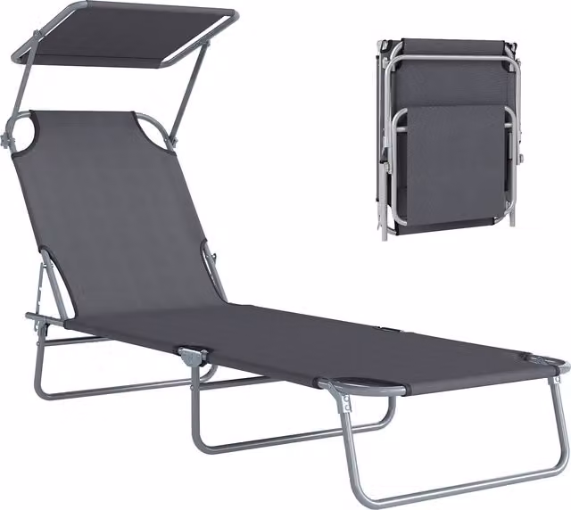 Sdraio Pieghevole Outsunny con Tettuccio e Schienale Regolabile, Lettino Prendisole in Tessuto Grigio, L: 187 cm, P: 58 cm, H: 36 cm