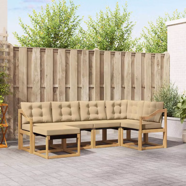 vidaXL Set di divani da esterno a L in legno di acacia con cuscini, Bianco, Beige e Marrone