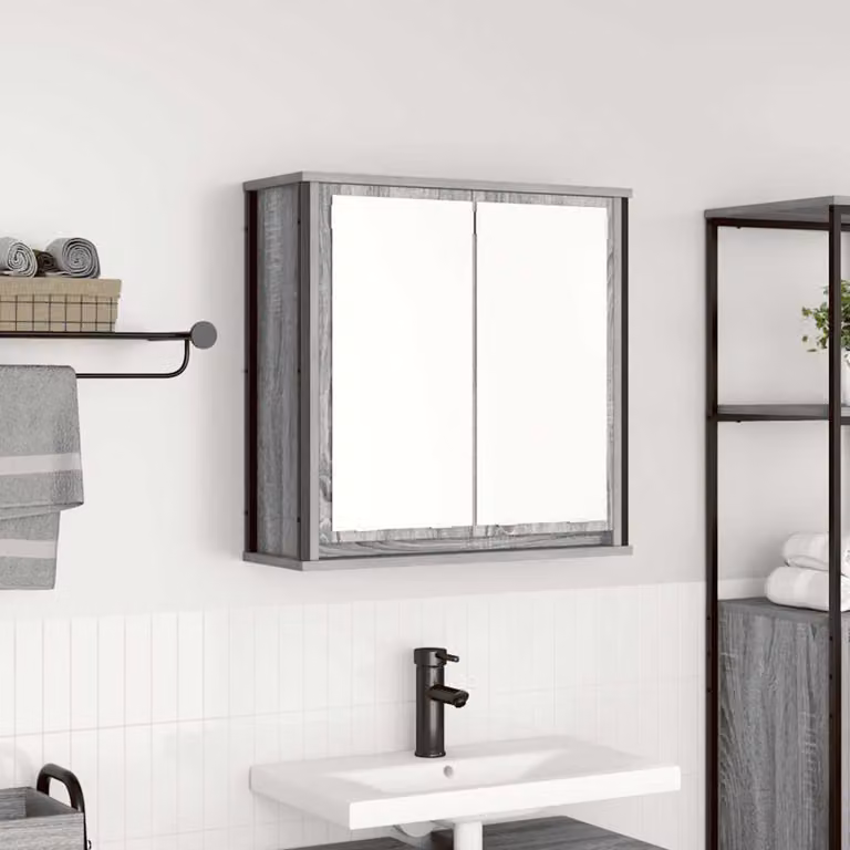 Pensile da bagno con specchio vidaXL Grigio Sonoma, L: 60 cm, P: 21 cm, H: 60 cm