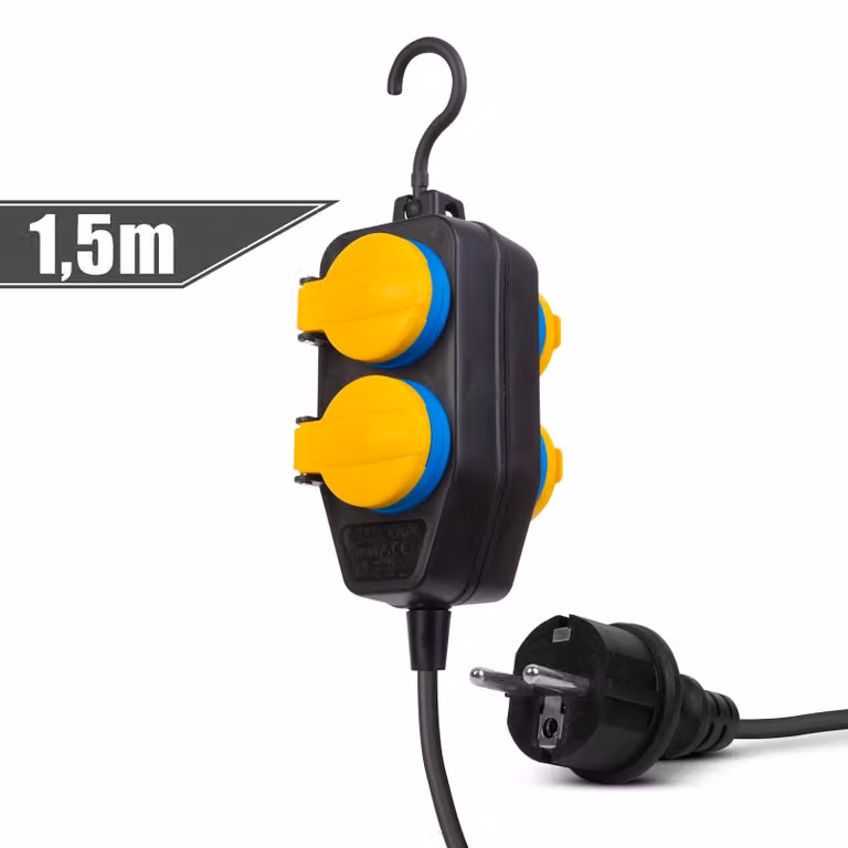 Presa multipla a 4 uscite per esterni – Prolunga con coperchio e sicurezza bambini – 1,5 m – IP44 – 250 V • 16 A – Nero/Giallo [20223D]