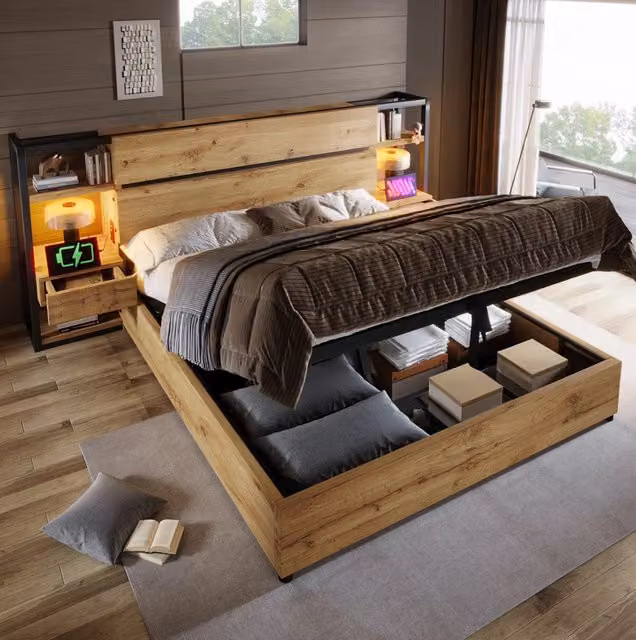 Letto matrimoniale 160x200 cm con contenitore, cassetti e prese USB, in MDF color rovere