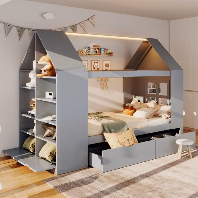 Letto per bambini WISHDOR a forma di casa con illuminazione LED e 2 cassetti contenitore, struttura in legno e MDF, grigio, L/P/H: 90 x 200 cm