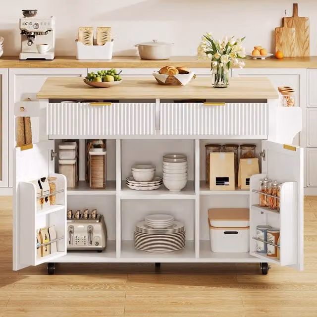 Carrello da cucina con piano pieghevole, 2 cassetti, 2 ante, vani aperti e 5 ruote bloccabili, bianco e naturale