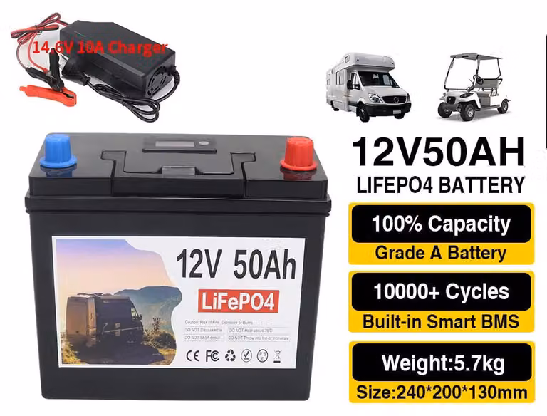 Batteria al litio ferro fosfato da 12V 50Ah - Sistema di accumulo solare e power station con BMS integrato, ideale per camper