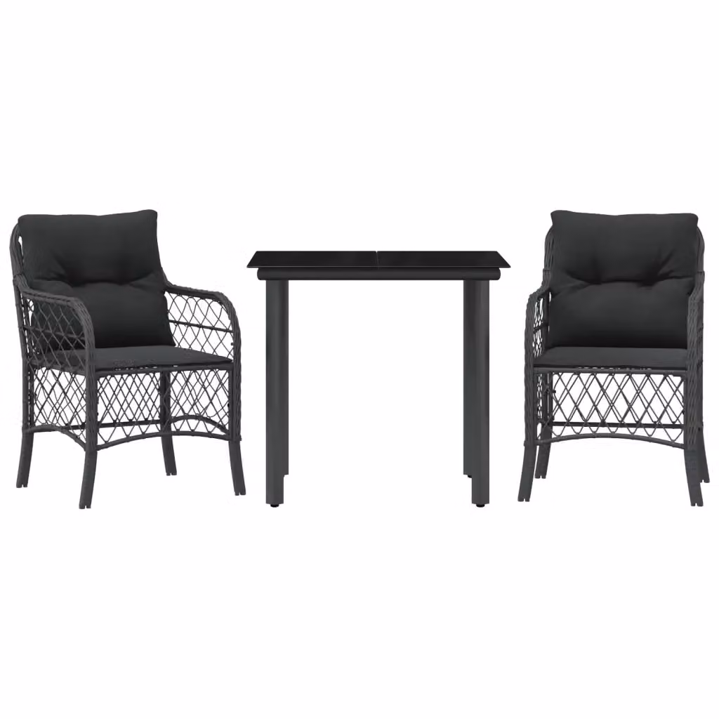 Set da Bistrò vidaXL 3 pz in Polyrattan Nero con Cuscini e Tavolo in Vetro – 2