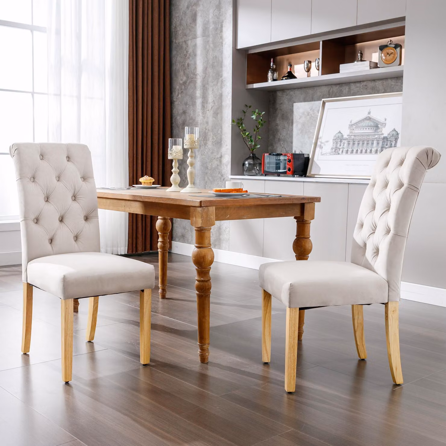 Set di 2 poltrone da pranzo in velluto, con gambe in legno di quercia, bottoni decorativi e finiture cromate. Adatte per la camera da letto, la cucina, il soggiorno o come poltrone relax. Colore: beige