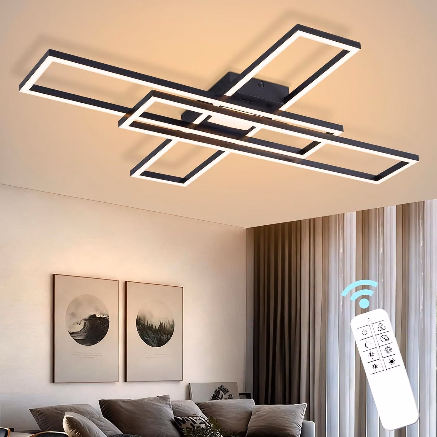 ZMH Plafoniera Soggiorno Lampada da soffitto a LED 56W Lampada da soggiorno Stepless Dimmerabile Lampada da cucina Moderna Lampada da camera da letto nera Design rettangolare