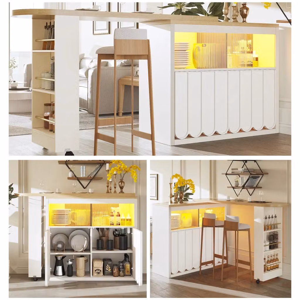 Tavolo bar estensibile WISHDOR con ruote, spazio contenitore e LED, bianco, L: 135-205 cm, P: 39 cm, H: 100 cm – 2