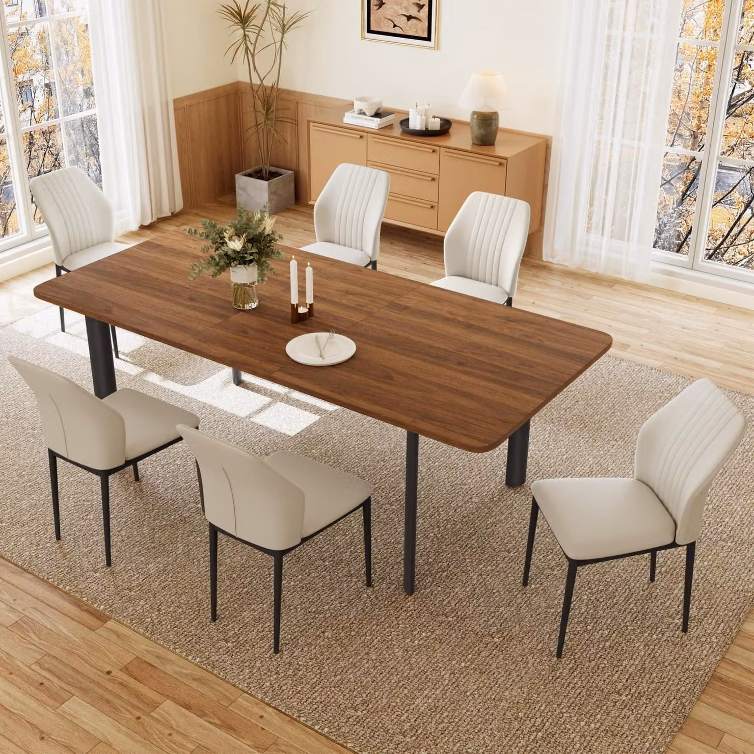 Tavolo allungabile con 6 sedie, finitura noce/bianco, dimensioni 160-200 cm, struttura in MDF