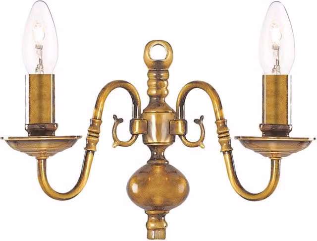 Applique Classica Fiammingo in Ottone con 2 Luci e Paralumi Trasparenti per Portalampada E14