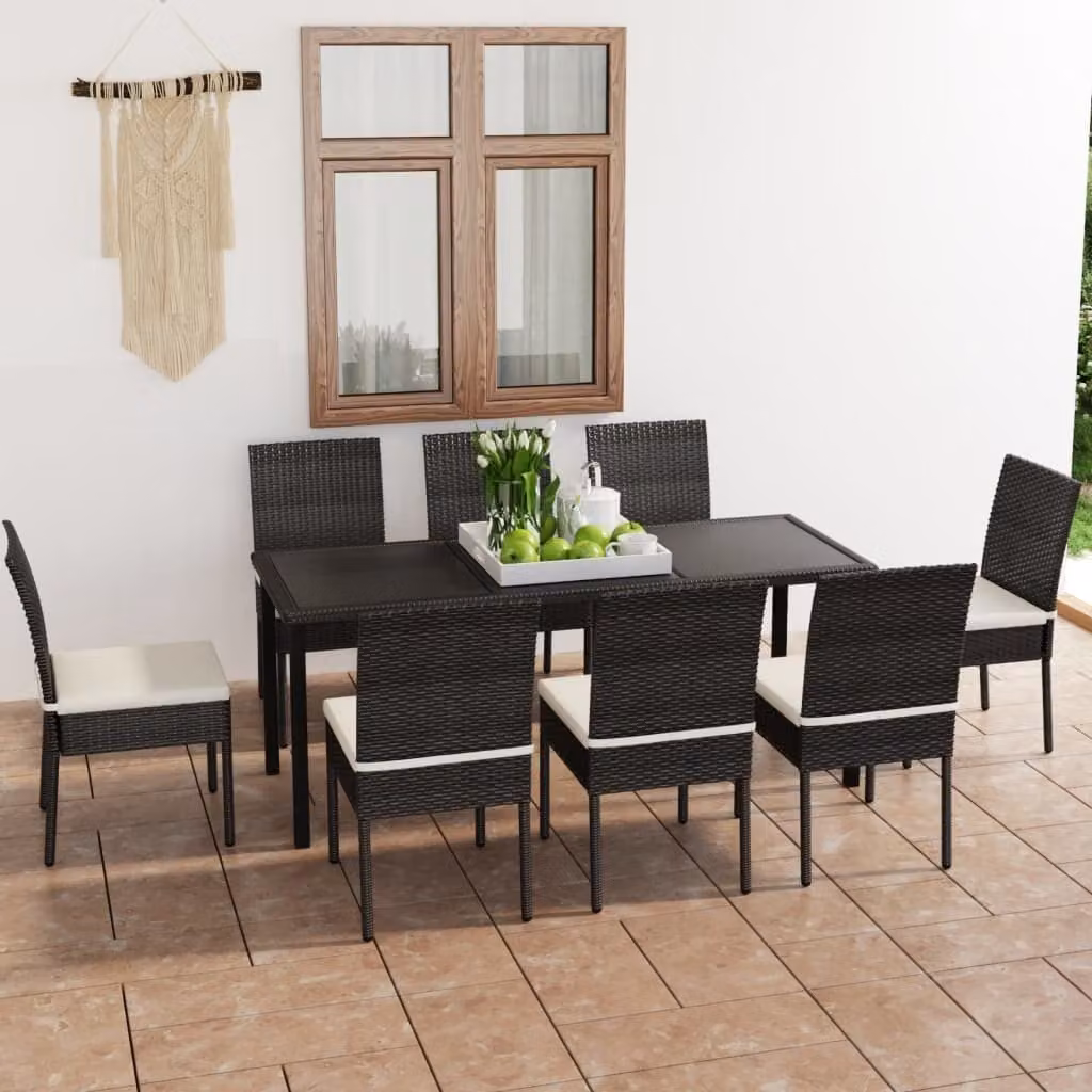 The Living Store Set da pranzo da giardino 9 pezzi in poly rattan nero