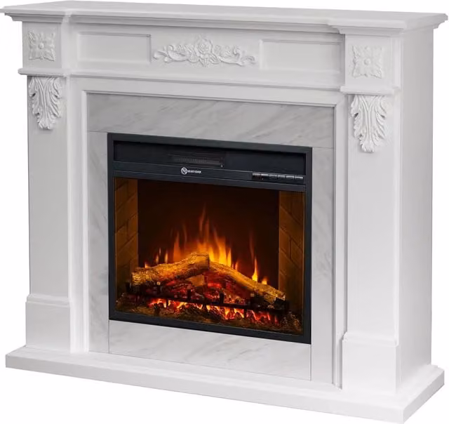 Truman - Camino Elettrico da Terra Effetto Fiamma 121x108x38 cm in Legno Effetto Marmo Bianco