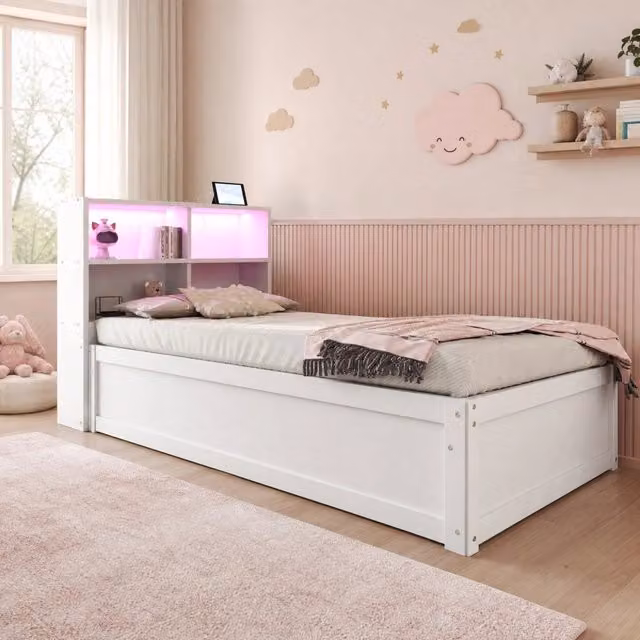 Letto singolo multifunzione ULEVR 90x200 cm con contenitore idraulico, LED e presa multifunzione, bianco