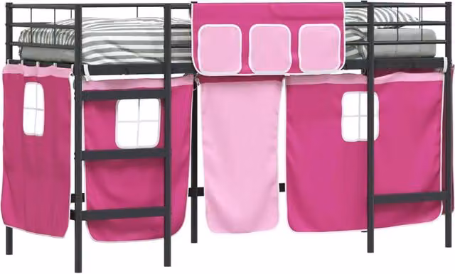 Letto Loft per Bambini DESIGN IN in Metallo con Struttura a Casetta e Scala, Colore Nero e Rosa, L/P/H: 194 x 90 x 151 cm