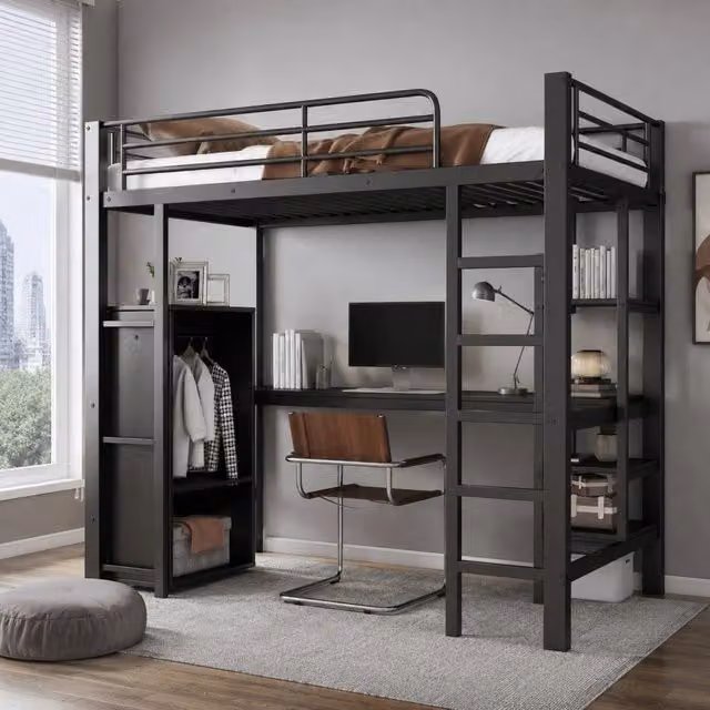 Letto a castello in ferro nero con scrivania e armadio integrato, 90x200 cm, per bambini e adolescenti