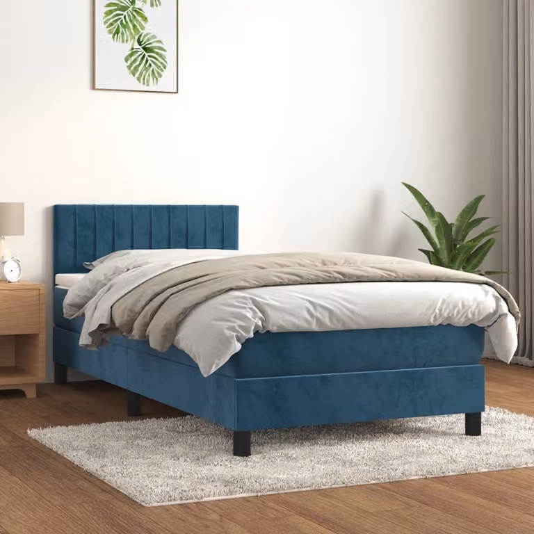 The Living Store Letto a molle con materasso blu scuro 100x200 cm in velluto