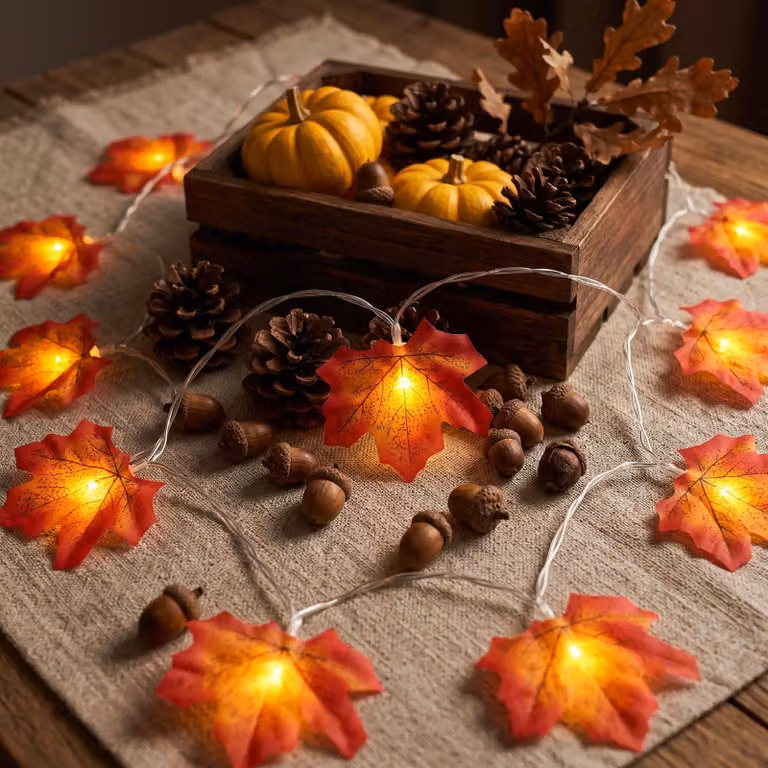 Catena luminosa con 20 foglie di acero, lunghezza 3 metri, timer, luce bianco caldo, decorazione autunnale