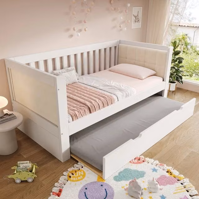Daybed con letto estraibile 90 × 190 cm, schienale a tre lati, senza materasso, in legno, bianco