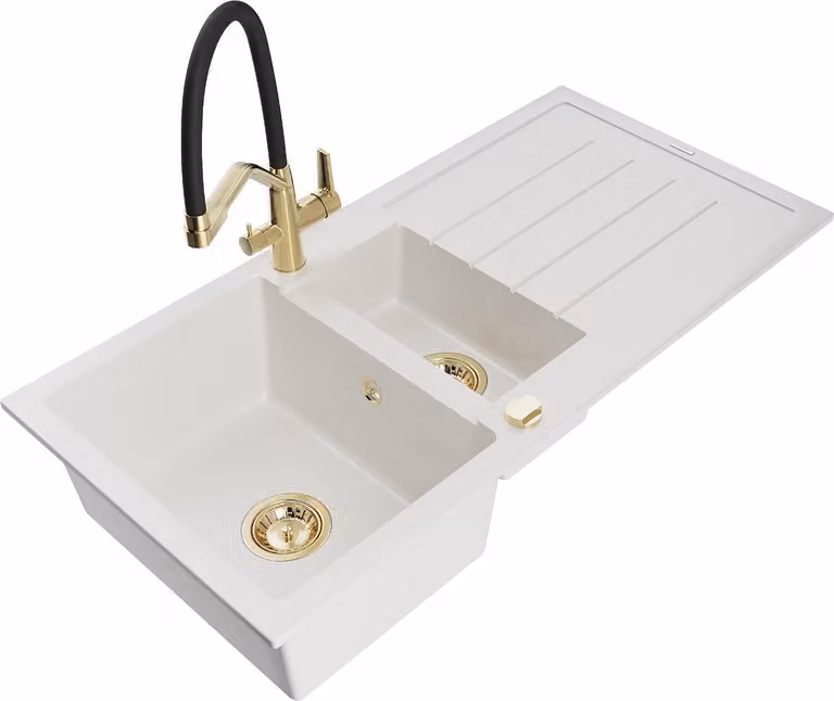 Mexen Andres lavello in granito 1,5 vasca con scolapiatti e miscelatore cucina Duo, bianco - 6515-20-671701-57-G