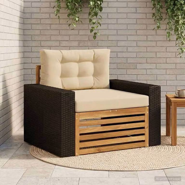 vidaXL Divano centrale da esterno moderno in legno di acacia con cuscini beige e marrone